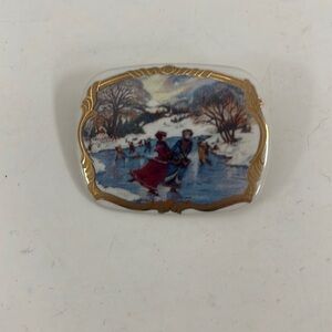 ⛸️Vintage Mural Ice Skating Theme BROOCH PIN 2" x 1.5" Invigorating
